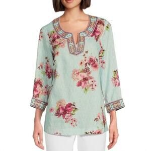 John Mark 1X blue Linen Floral Print Embroidered Beaded Split V-Neck Tunic new